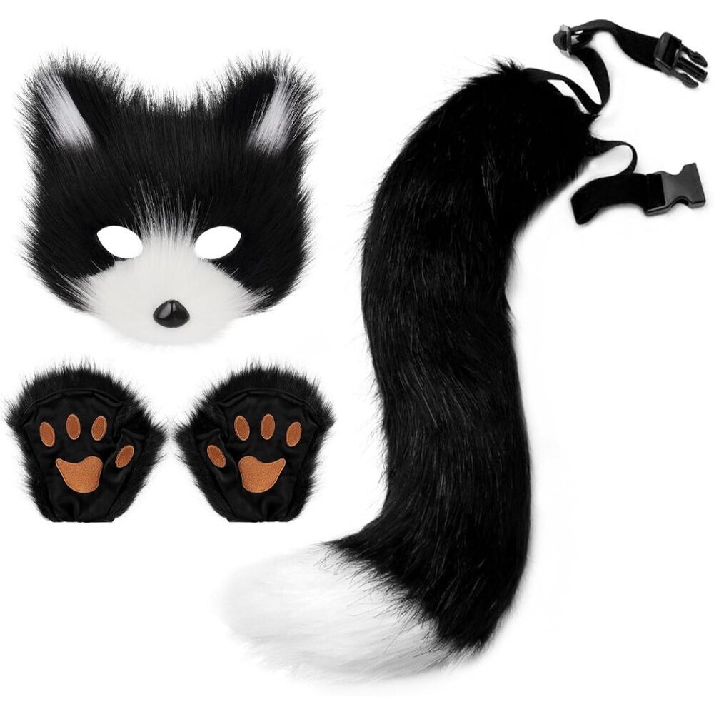 Faux Fur Fox Tail Set Mask Gloves Halloween Christmas Costume Accessory